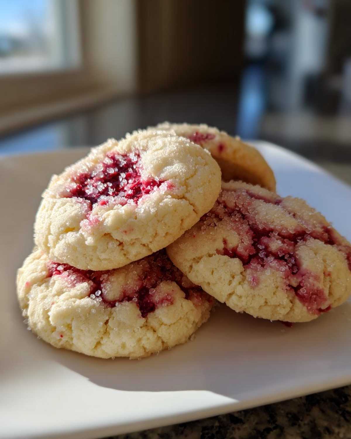A stack of soft, sugar-coated raspberry cheesecake cookies with bright red jam centers.
