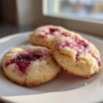 Three soft, sugar-coated raspberry cheesecake cookies with bright red raspberry centers resting on a white plate.