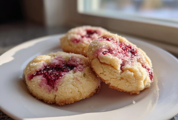 Three soft, sugar-coated raspberry cheesecake cookies with bright red raspberry centers resting on a white plate.