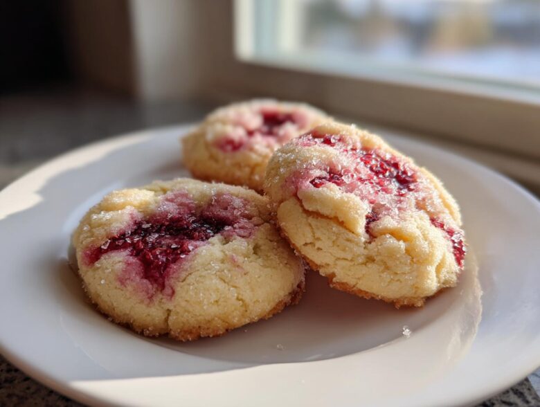 Three soft, sugar-coated raspberry cheesecake cookies with bright red raspberry centers resting on a white plate.