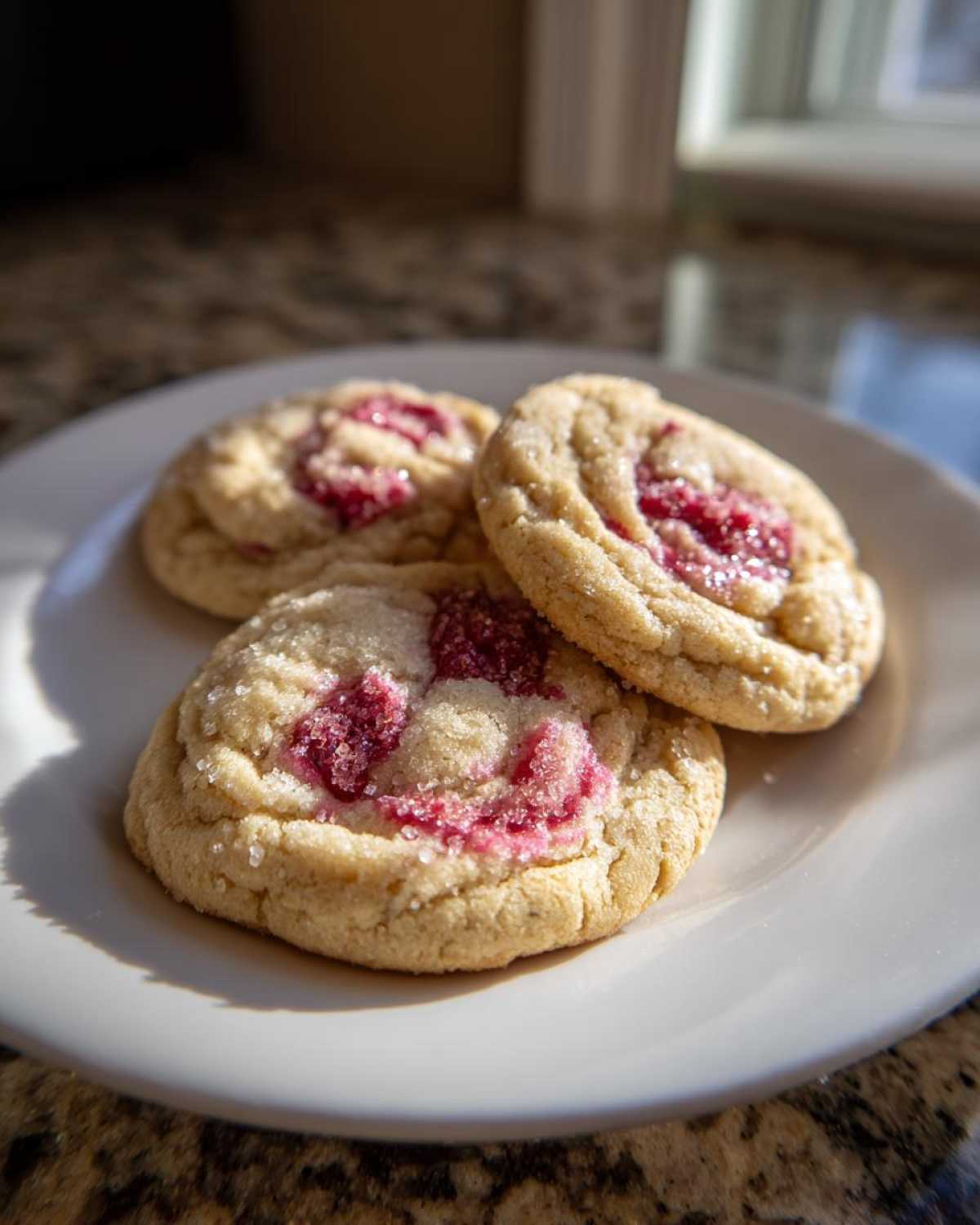 Three soft, sugar-coated raspberry cheesecake cookies with bright pink centers resting on a white plate.