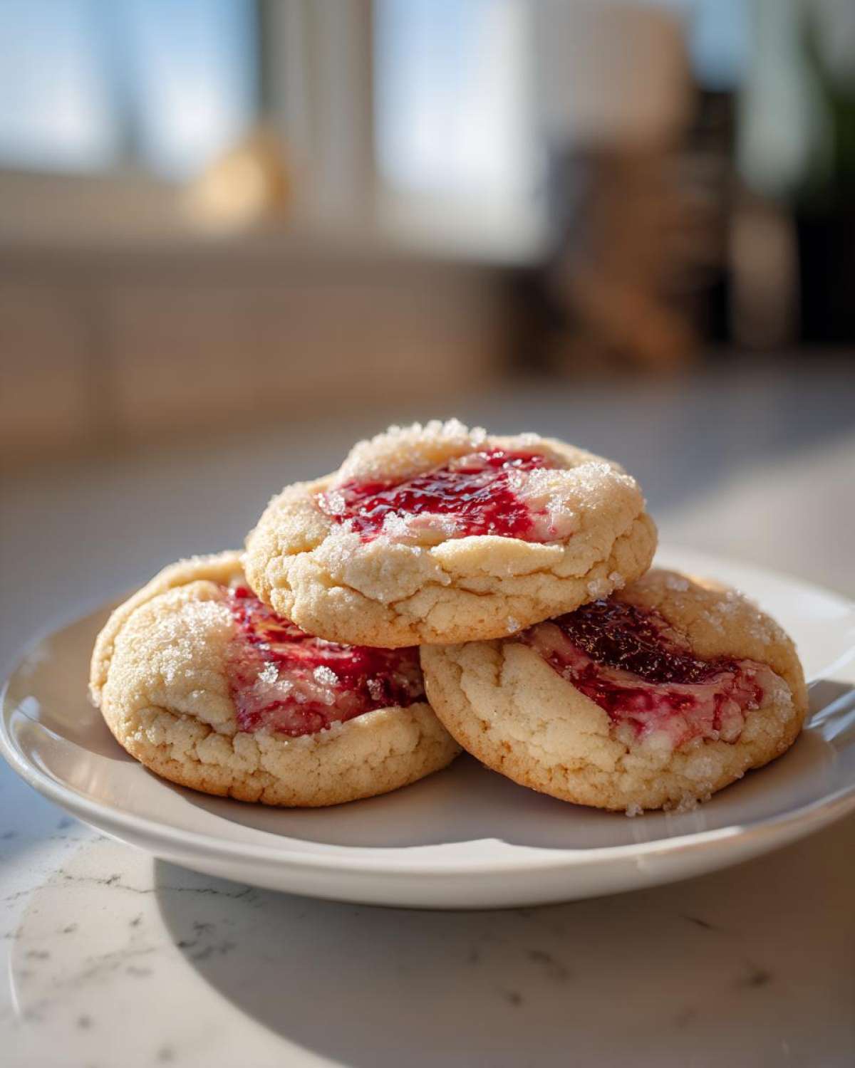 Three soft, sugar-coated raspberry cheesecake cookies stacked on a white plate, featuring bright red raspberry filling.