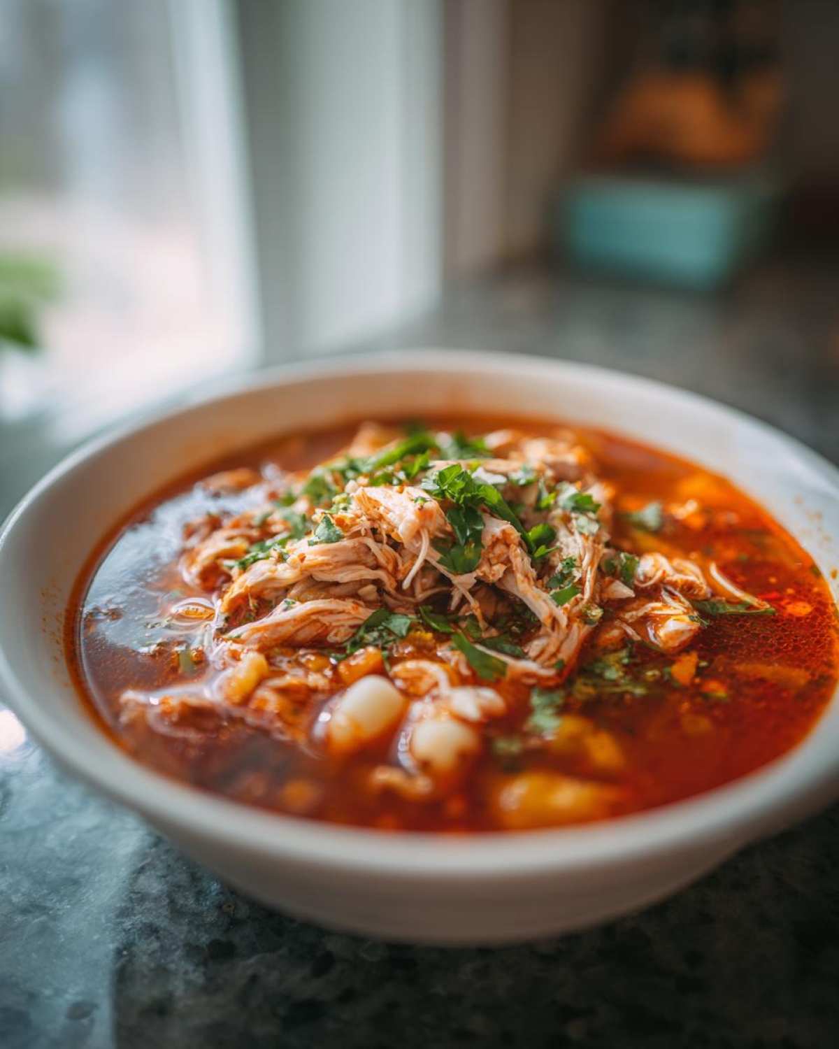 Close-up of a white bowl filled with rich, red chicken pozole topped with shredded chicken and fresh cilantro.