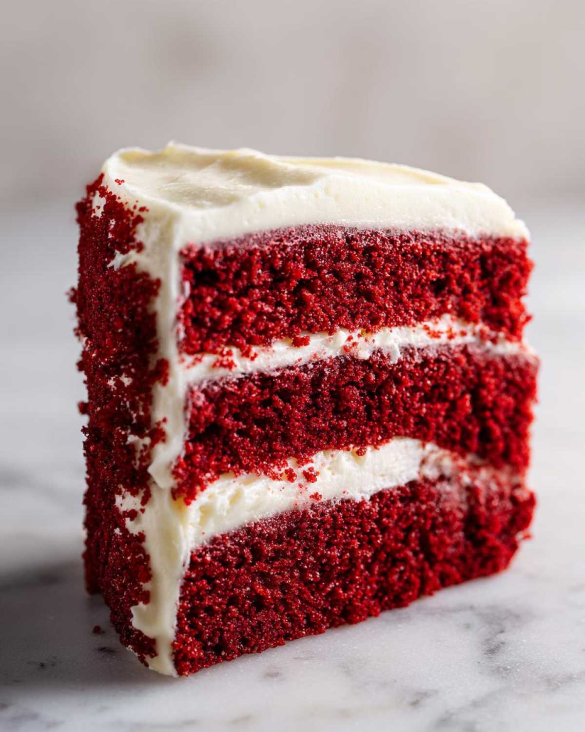 Close-up of a perfect slice of red velvet cake showing three layers of deep red cake and white cream cheese frosting.