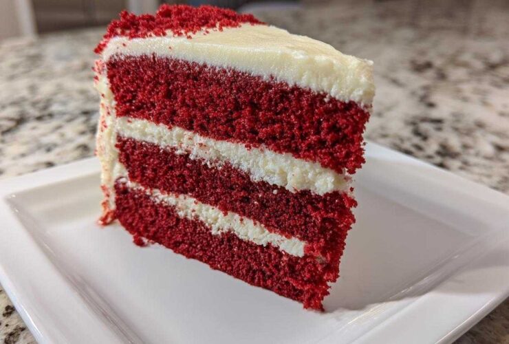 A tall, three-layer slice of vibrant red velvet cake with thick white cream cheese frosting layers.