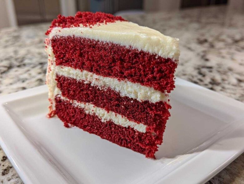 A tall, three-layer slice of vibrant red velvet cake with thick white cream cheese frosting layers.