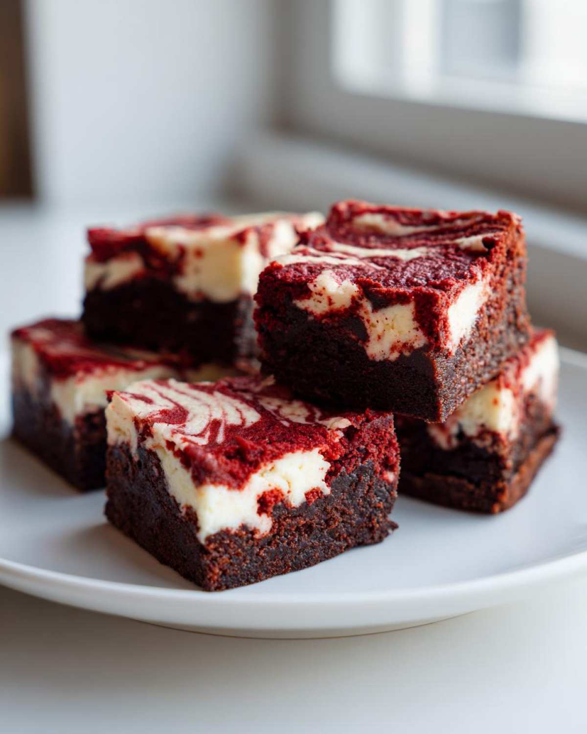 A stack of rich, fudgy red velvet cheesecake brownies squares with marbled cream cheese topping.