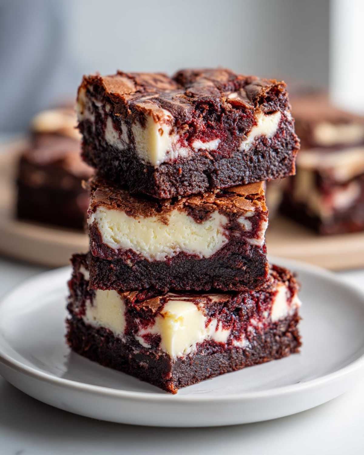 A stack of three rich red velvet cheesecake brownies showing the dark chocolate base and creamy white swirl.