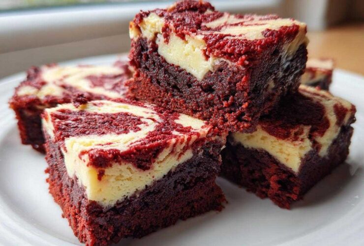 A stack of rich, fudgy red velvet cheesecake brownies featuring a vibrant red base and creamy white cheesecake swirls.