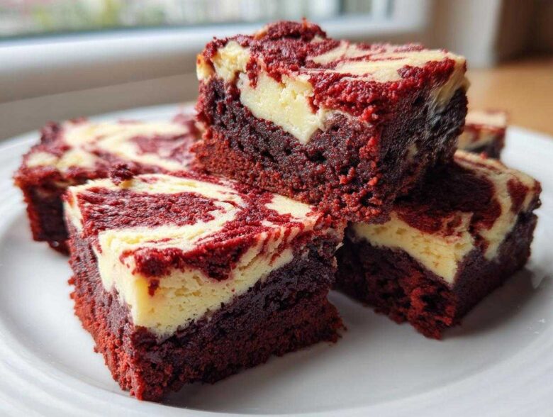 A stack of rich, fudgy red velvet cheesecake brownies featuring a vibrant red base and creamy white cheesecake swirls.