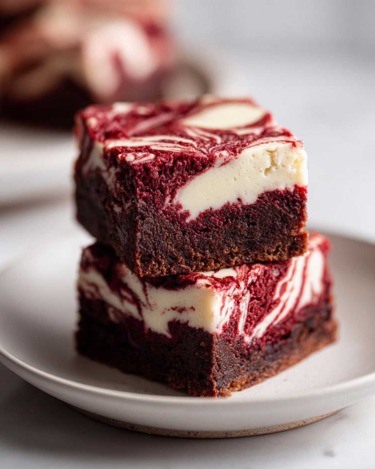 Two stacked squares of rich red velvet cheesecake brownies with a white cream cheese swirl topping.