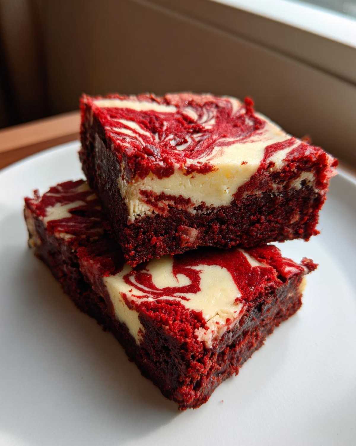 Two stacked squares of rich red velvet cheesecake brownies with a beautiful cream cheese swirl topping.