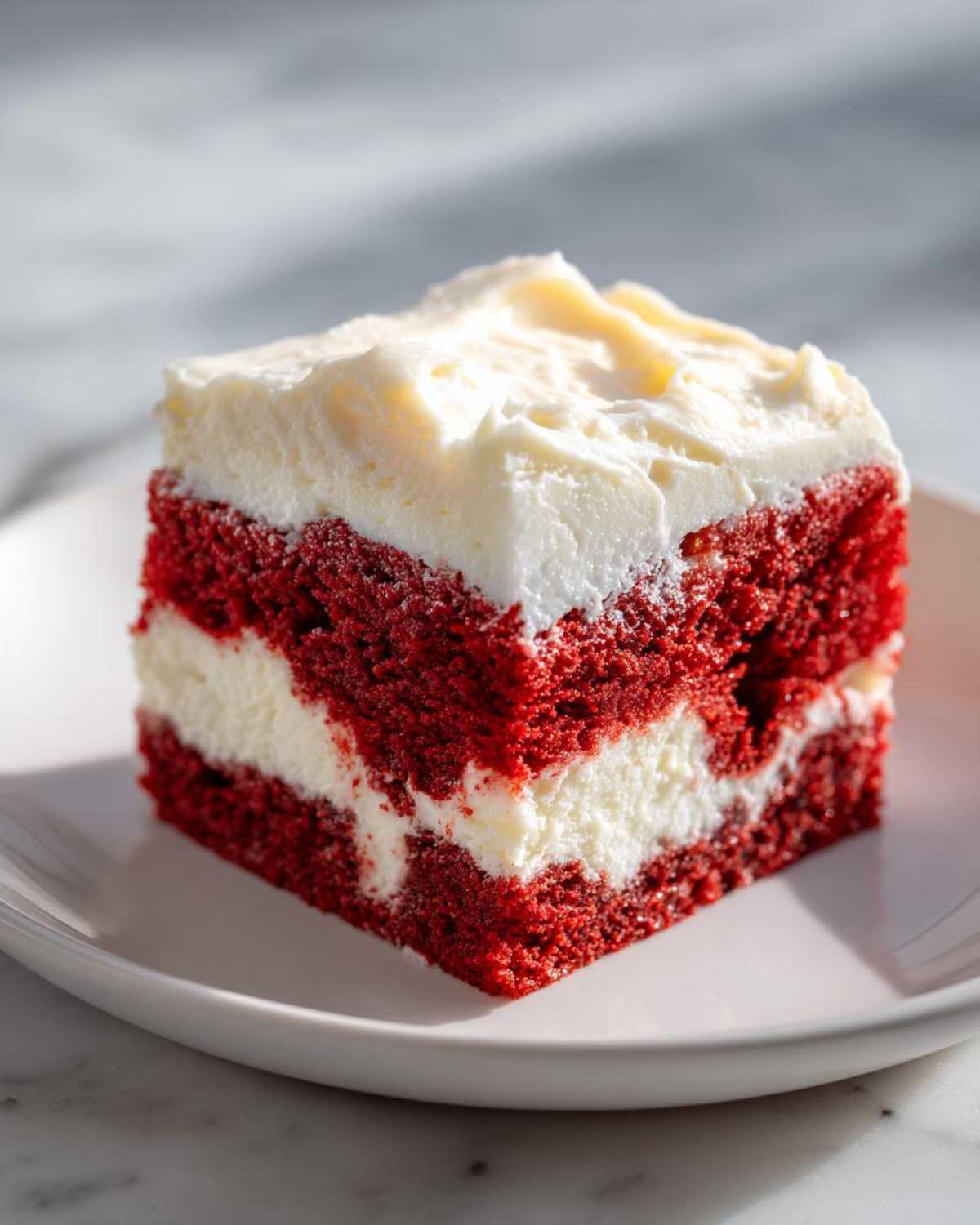 A square slice of vibrant red velvet poke cake layered with white filling and topped with thick cream cheese frosting.