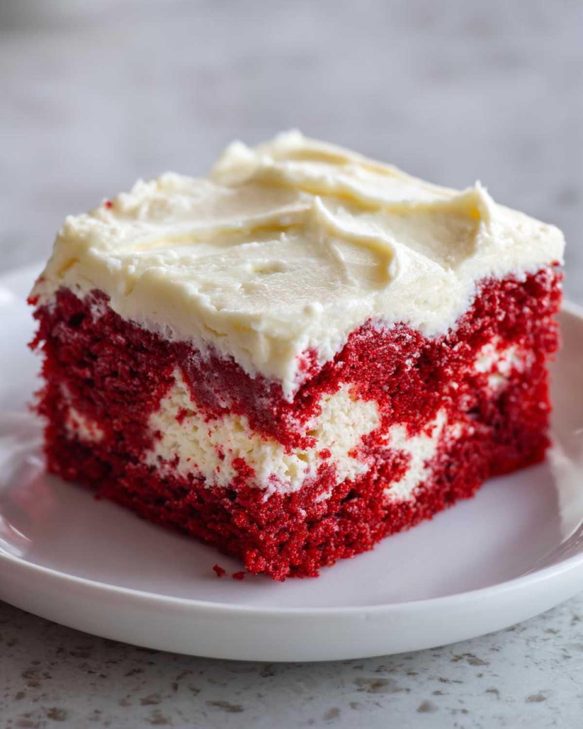 A close-up of a moist slice of red velvet poke cake topped with thick white frosting.