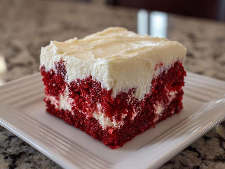 Close-up of a square slice of vibrant red velvet poke cake topped with thick white cream cheese frosting.