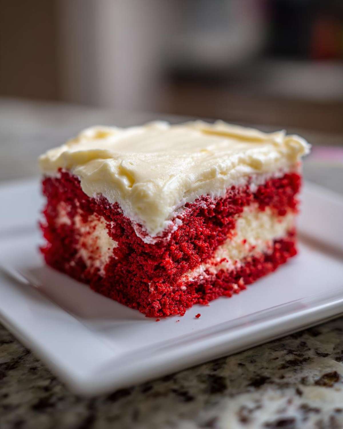 A square slice of vibrant red velvet poke cake with visible white filling and thick cream cheese frosting on top.