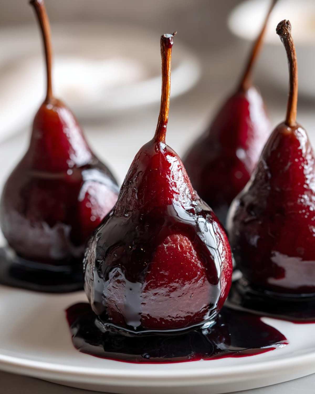Close-up of four glistening red wine poached pears served on a white plate with dark syrup.