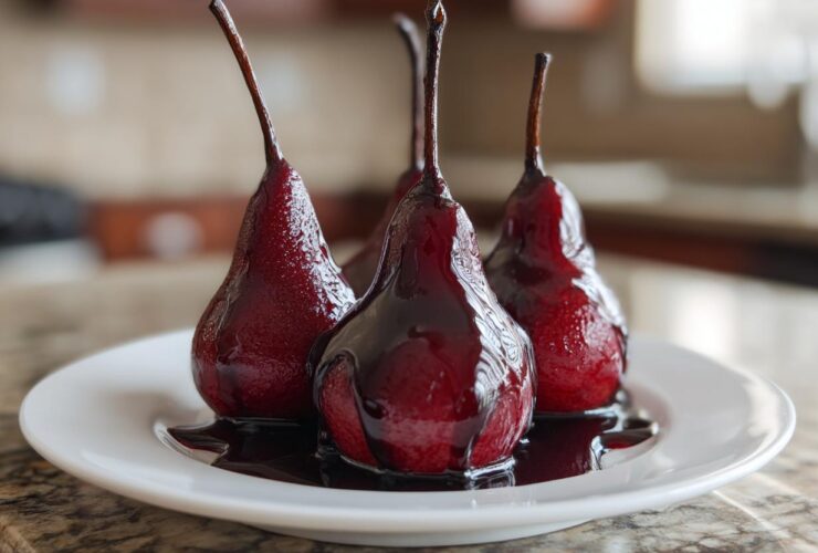 Three glistening, deep red wine poached pears served on a white plate with rich syrup.