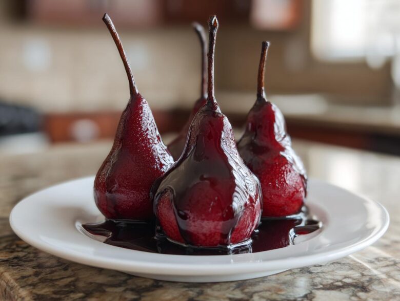 Three glistening, deep red wine poached pears served on a white plate with rich syrup.
