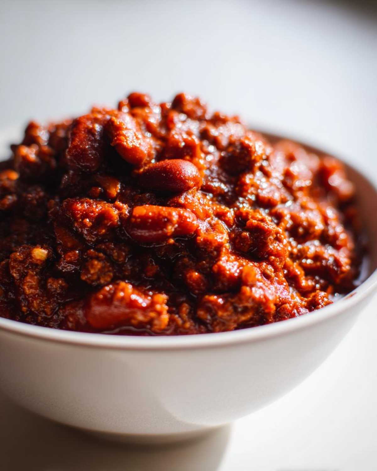 Close-up of a thick, rich, dark red bowl of chili, featuring beans and ground meat, showcasing the best chili recipe.