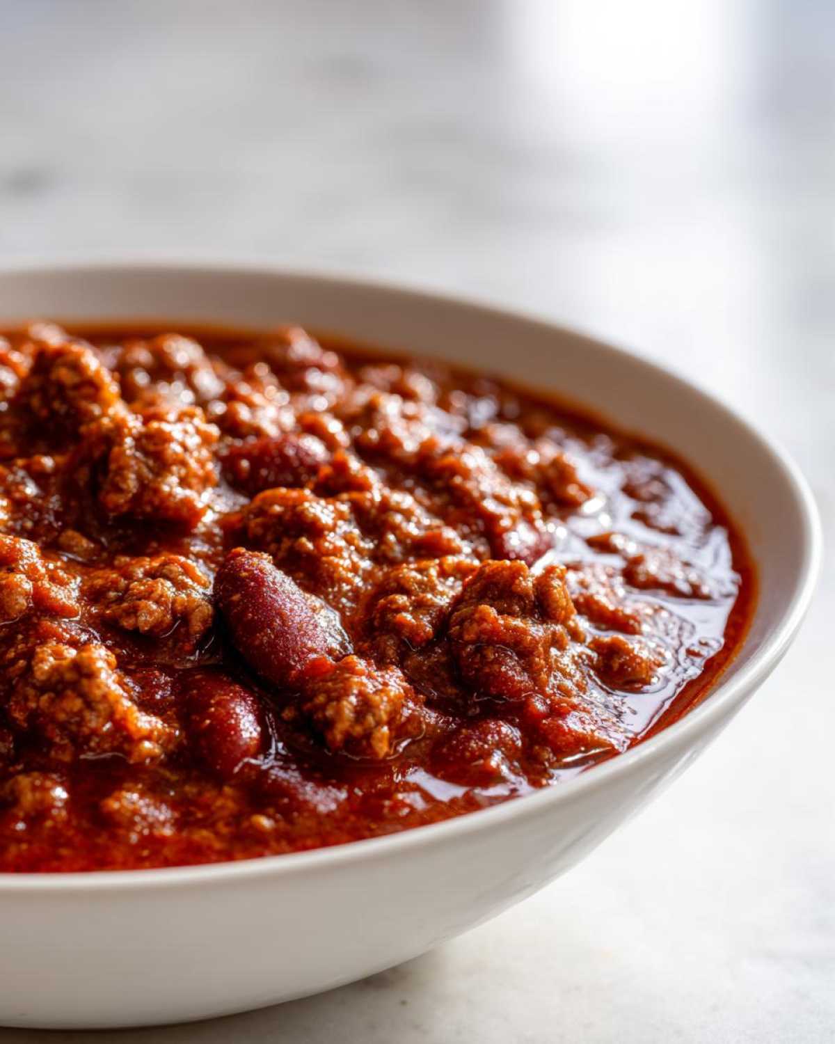 Close-up of a hearty bowl of chili, showing rich red sauce, ground meat, and kidney beans, perfect for the best chili recipe.