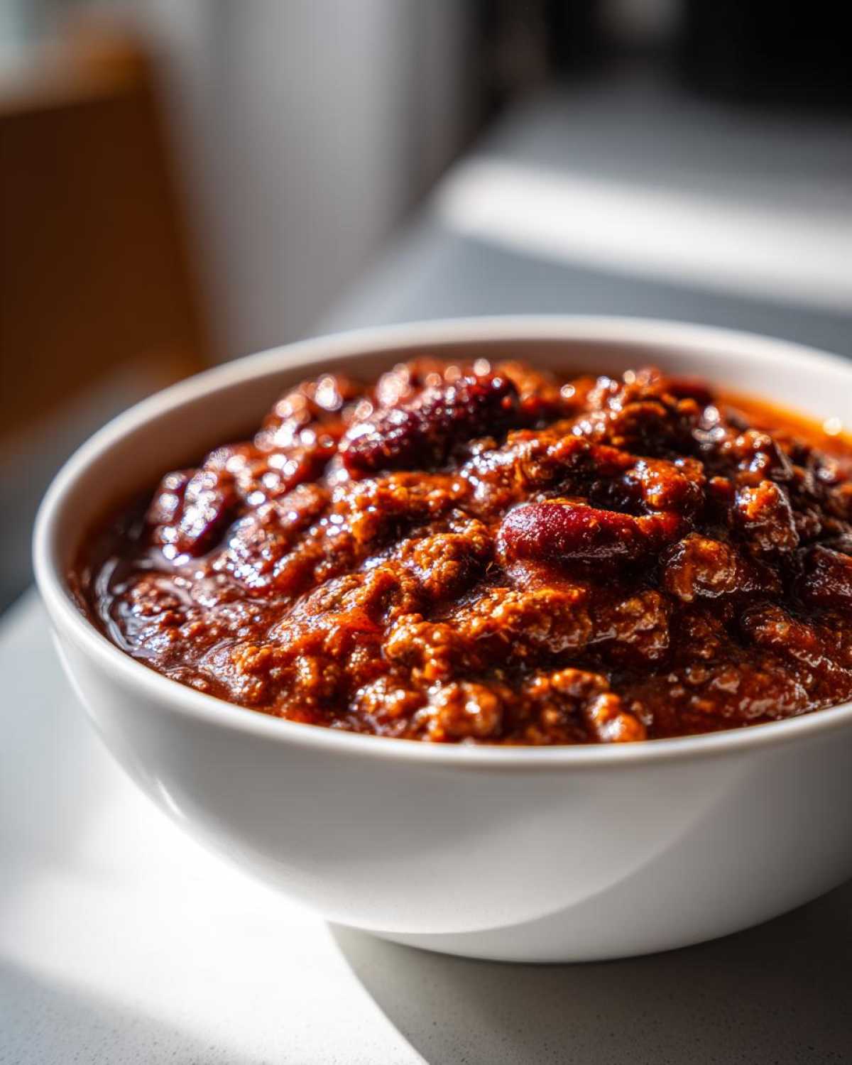 Close-up of a thick, rich bowl of chili, showcasing the deep red color and texture of the best chili recipe.