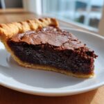 A close-up slice of rich chocolate chess pie showing the gooey dark filling and flaky crust on a white plate.