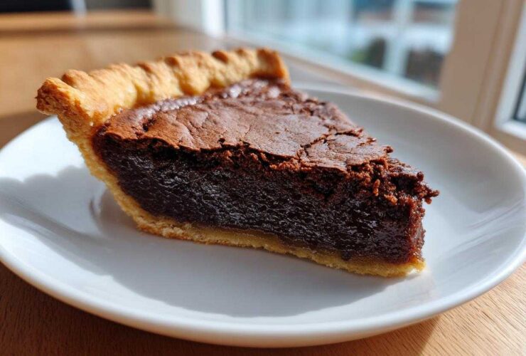 A close-up slice of rich chocolate chess pie showing the gooey dark filling and flaky crust on a white plate.