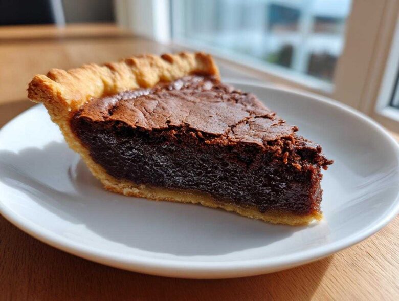 A close-up slice of rich chocolate chess pie showing the gooey dark filling and flaky crust on a white plate.