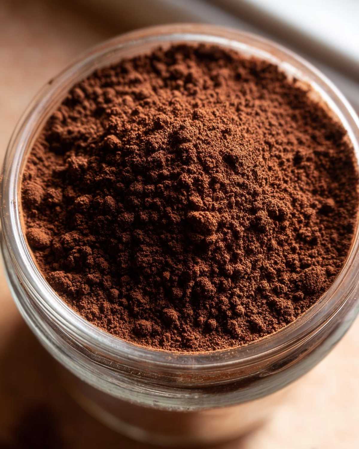 Close-up overhead view of rich, dark brown cocoa powder filling a clear glass jar, essential for hot cocoa mix.