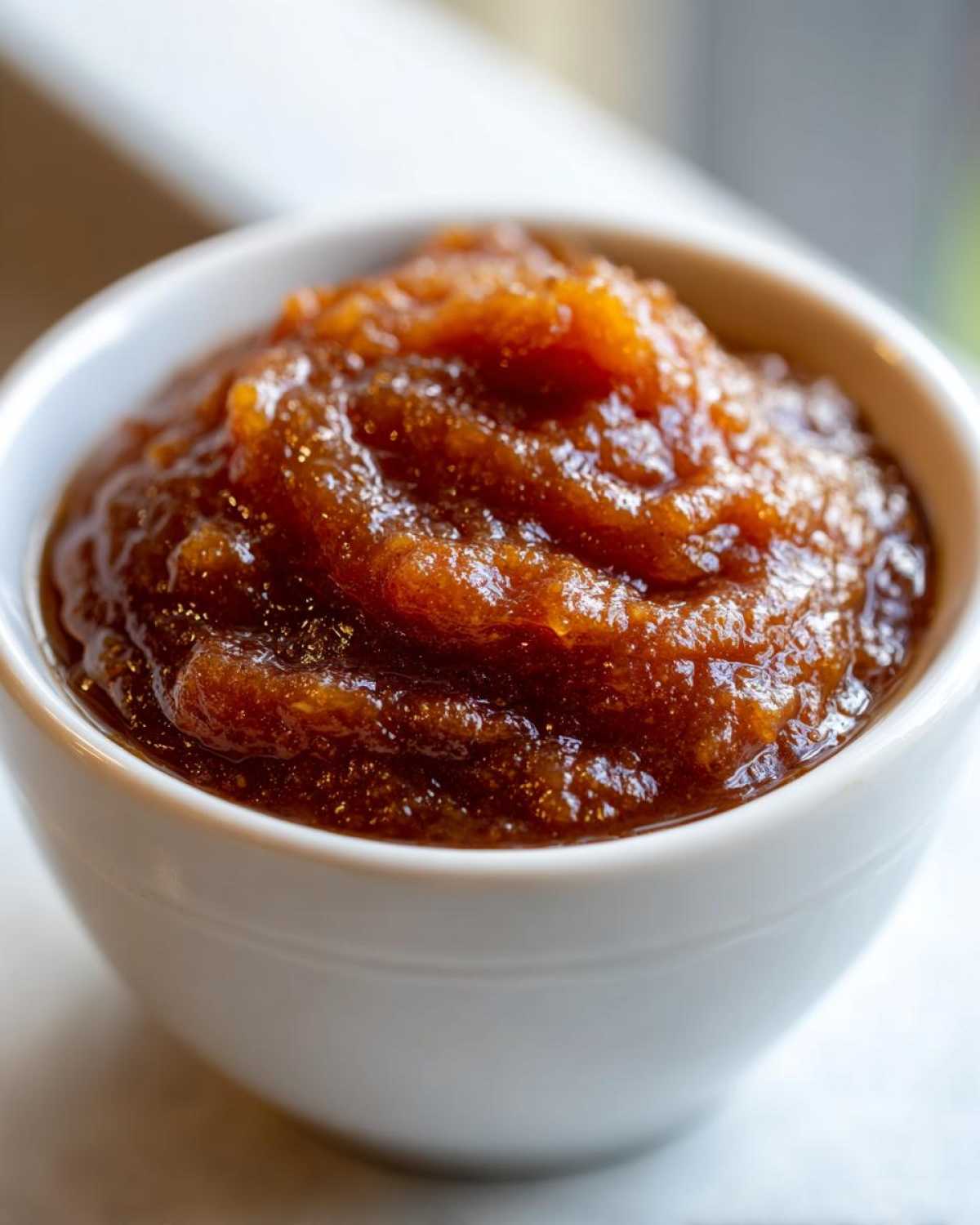 Close-up of thick, dark brown pear butter filling a small white bowl, highlighting its rich texture.
