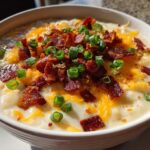 Close-up of a bowl of rich loaded baked potato soup topped generously with shredded cheddar cheese, crispy bacon bits, and fresh green onions.