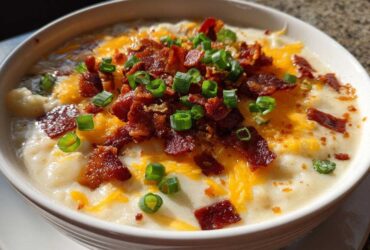Close-up of a bowl of rich loaded baked potato soup topped generously with shredded cheddar cheese, crispy bacon bits, and fresh green onions.