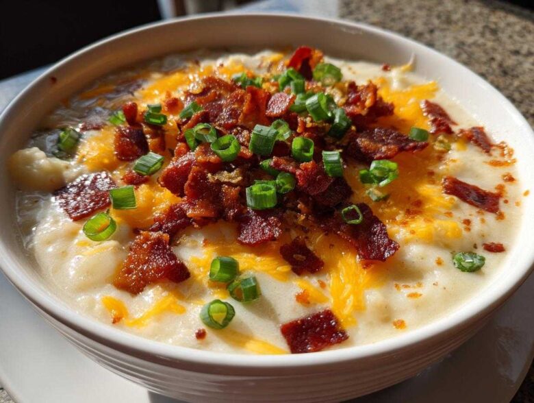 Close-up of a bowl of rich loaded baked potato soup topped generously with shredded cheddar cheese, crispy bacon bits, and fresh green onions.