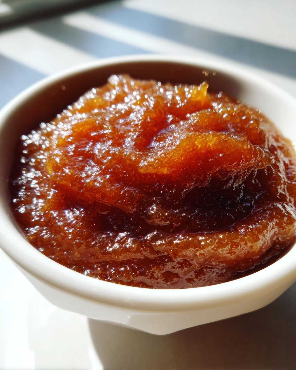 Close-up of thick, glossy, dark amber pear butter served in a small white bowl.