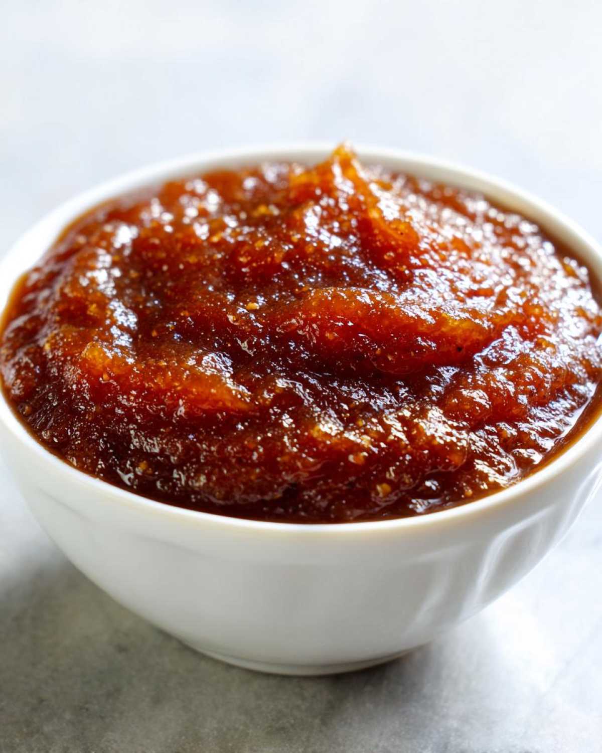 Close-up of thick, dark brown homemade pear butter served in a small white bowl.