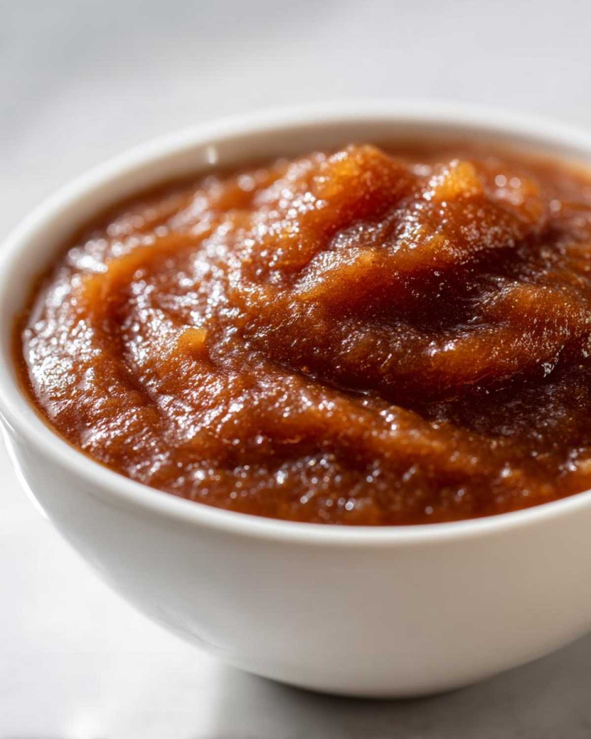 Close-up of thick, dark brown pear butter served in a small white bowl.