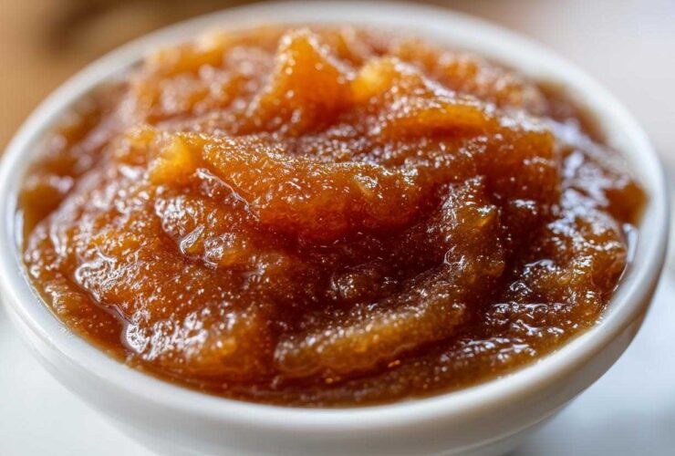 Close-up of rich, dark brown pear butter with a thick, slightly chunky texture served in a small white bowl.