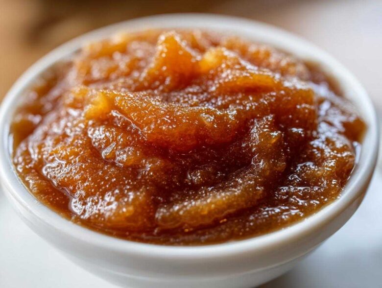 Close-up of rich, dark brown pear butter with a thick, slightly chunky texture served in a small white bowl.