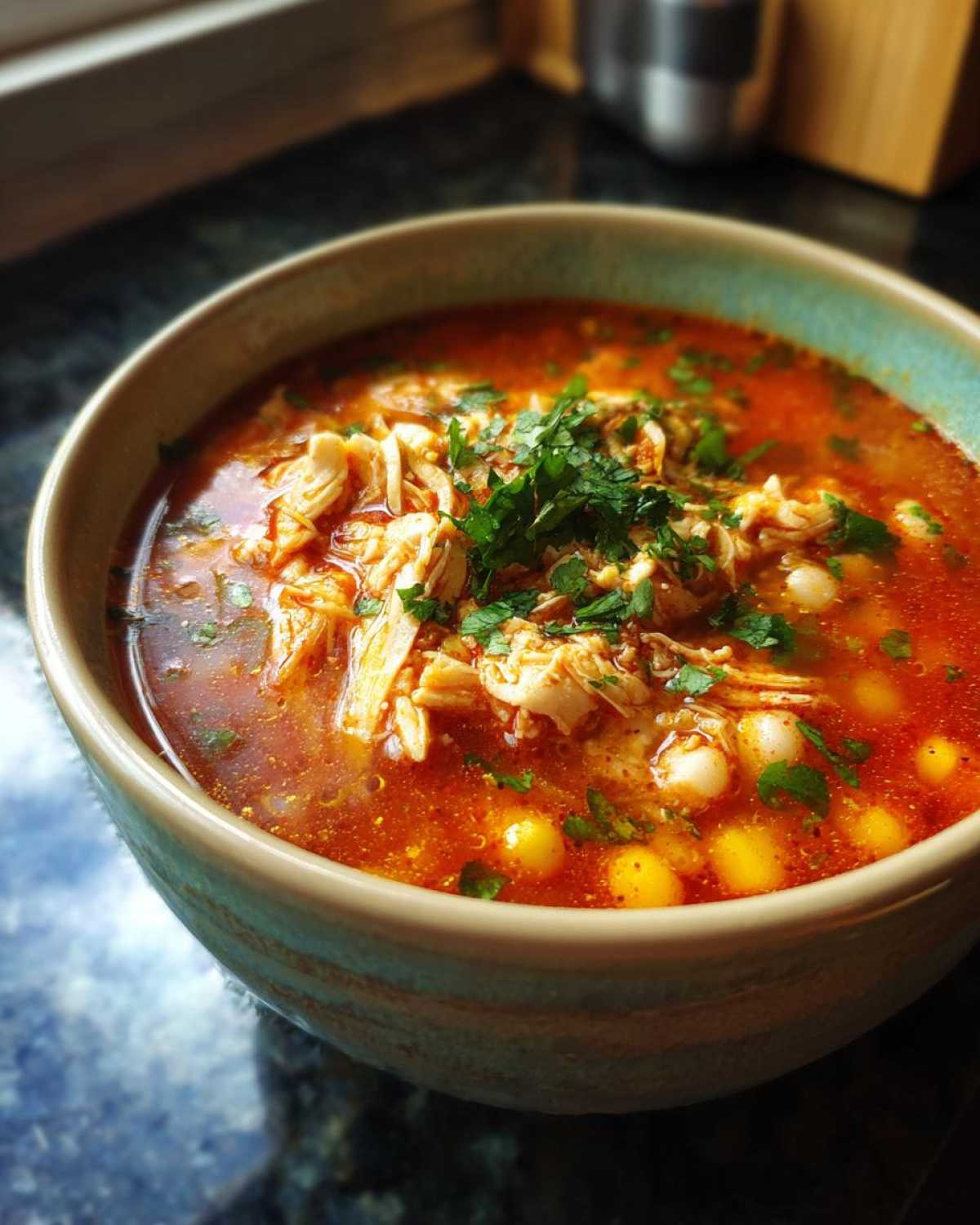Close-up of a steaming bowl of vibrant red chicken pozole, topped with shredded chicken and fresh cilantro.