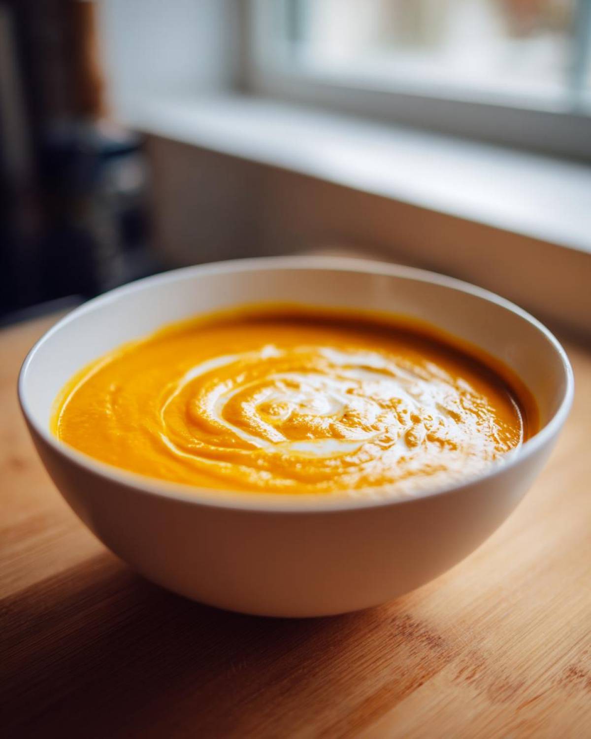 Close-up of a white bowl filled with vibrant orange roasted butternut squash soup, garnished with a swirl of cream.