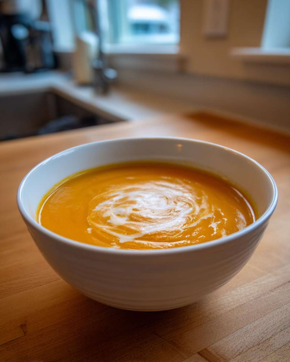 A close-up of creamy roasted butternut squash soup, swirled with cream, in a white bowl on a wooden counter.