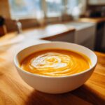 A close-up of creamy, vibrant orange roasted butternut squash soup swirled with cream in a white bowl.