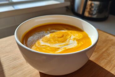 A close-up of vibrant orange roasted butternut squash soup topped with a swirl of cream and black pepper.