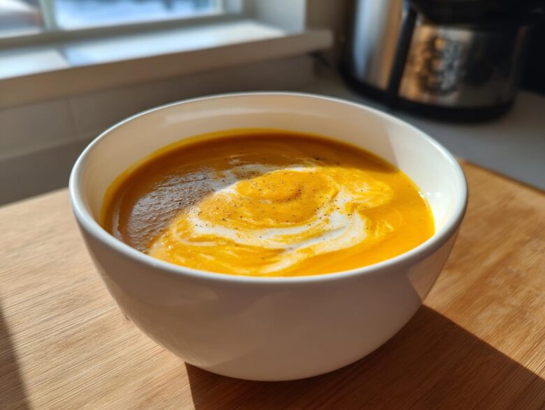 A close-up of vibrant orange roasted butternut squash soup topped with a swirl of cream and black pepper.