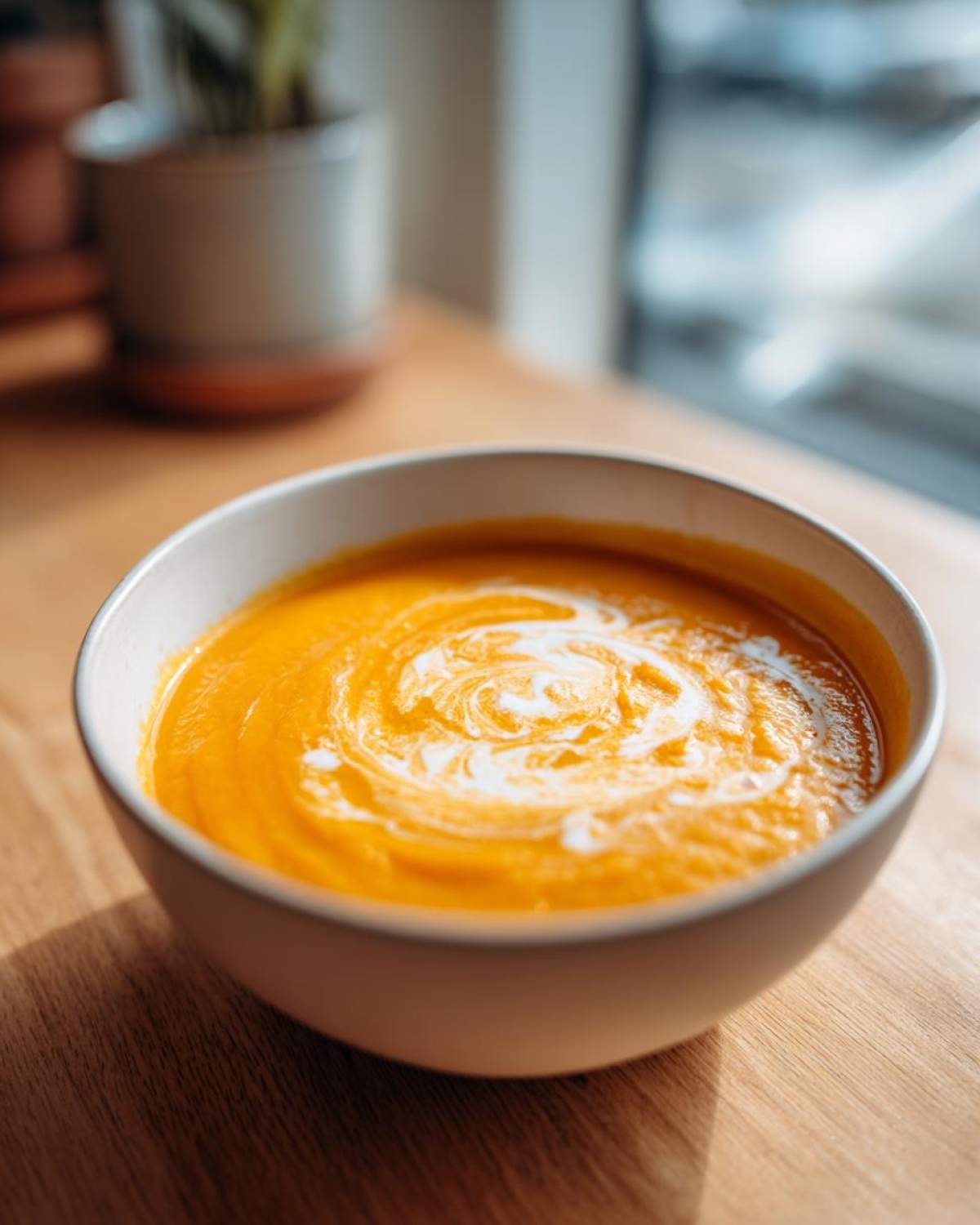 A close-up of a bowl of vibrant orange roasted butternut squash soup, swirled with cream.
