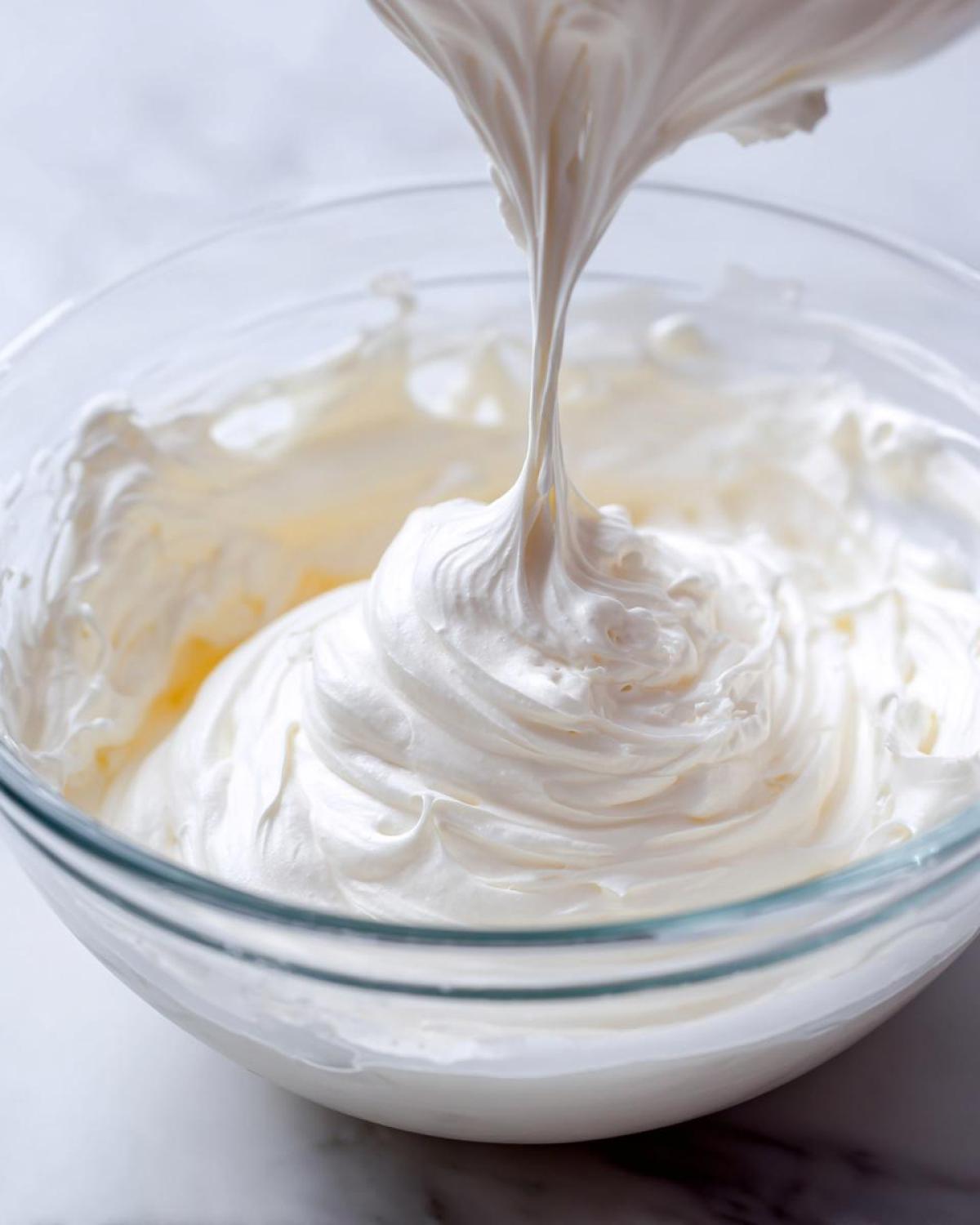 A close-up of thick, glossy white royal icing recipe mixture being mixed in a clear glass bowl, showing stiff peaks.