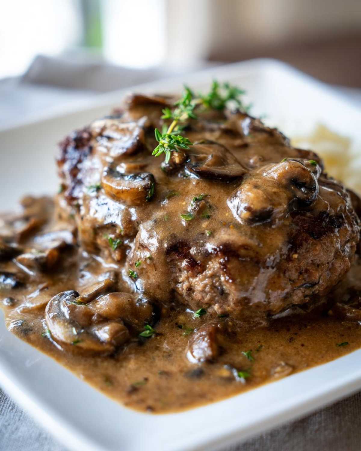 Close-up of a juicy Salisbury steak smothered in thick, creamy mushroom gravy and garnished with fresh thyme.
