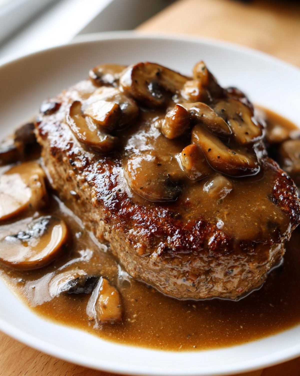 Close-up of a perfectly seared Salisbury steak smothered in rich mushroom gravy.