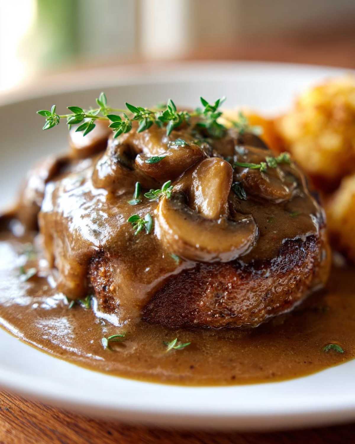 Close-up of a perfectly cooked Salisbury steak smothered in rich mushroom gravy and fresh thyme.
